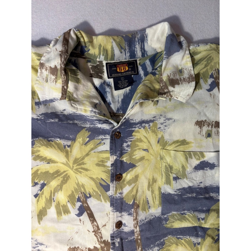 Route 66 Mens Large Tropical Palm Tree Rayon Button Down Aloha Shirt Blue Yellow